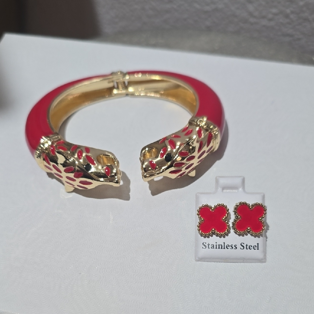 Red and Gold Panther Head Bracelet And Earings Set